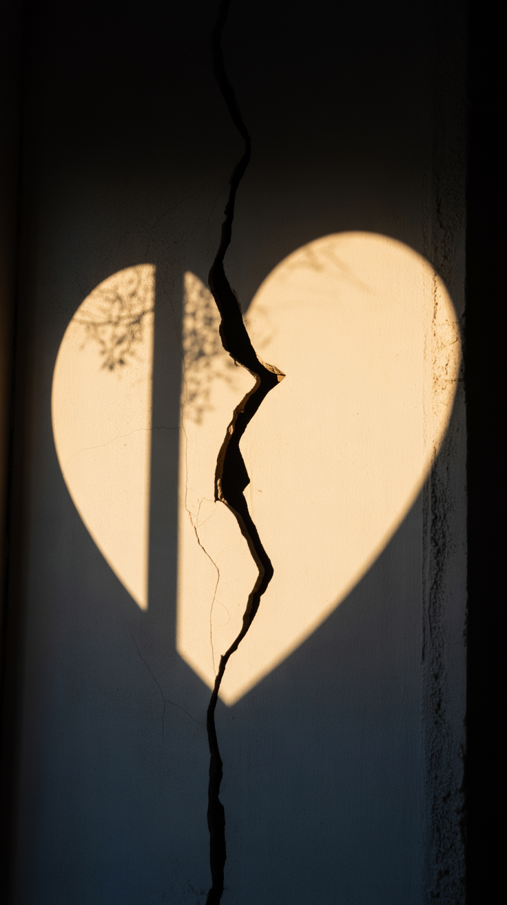 A broken wall with a crack running down the center, casting a shadow of a broken heart shape on the wall.