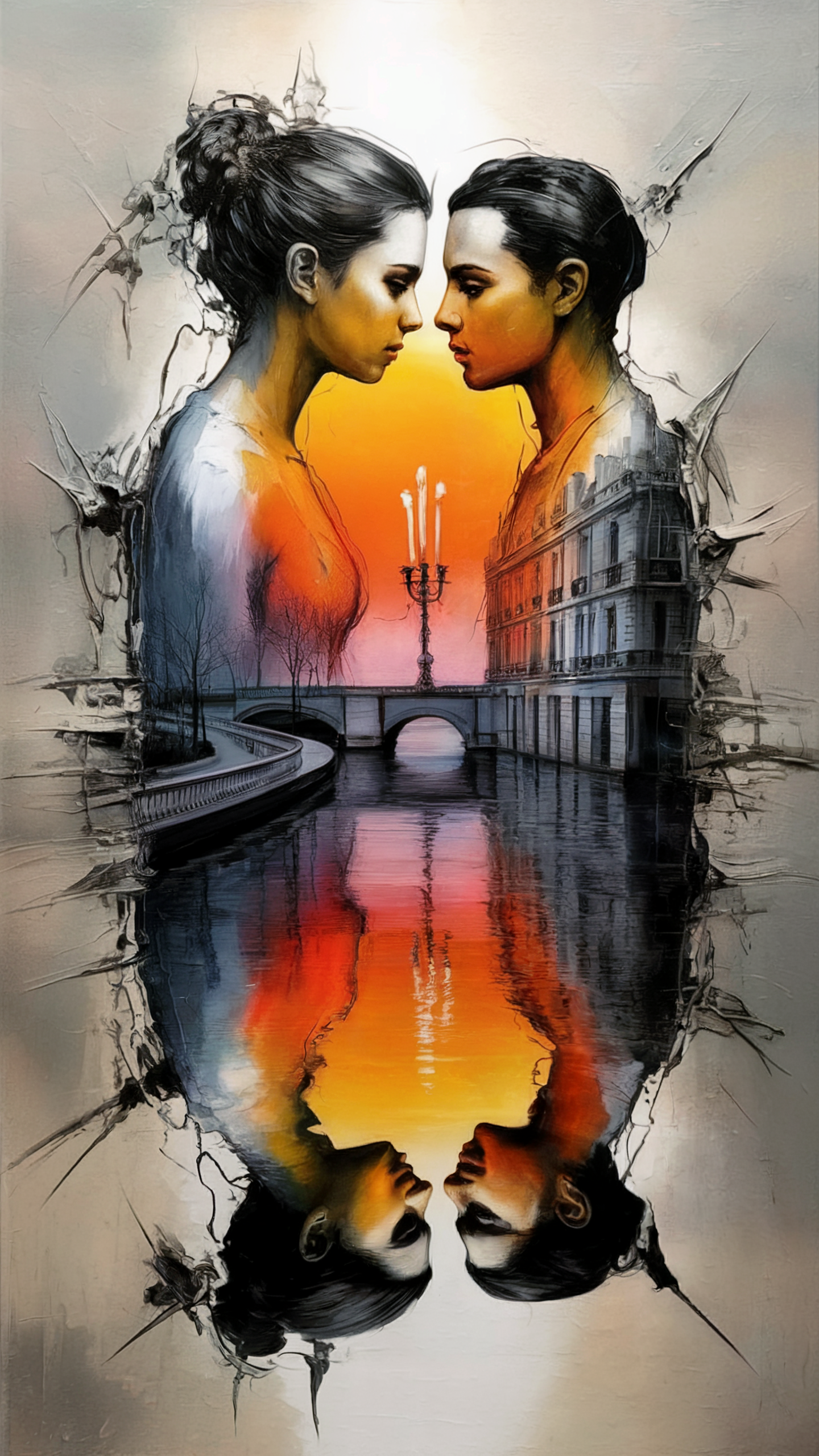 A surreal artwork featuring two women with dark hair and serious expressions, facing each other in profile. The scene is divided by a vertical reflection, showing their mirrored images at the bottom. Behind them, there is a cityscape with a bridge, water, and a sunset sky with warm colors, creating a dreamlike and introspective atmosphere.