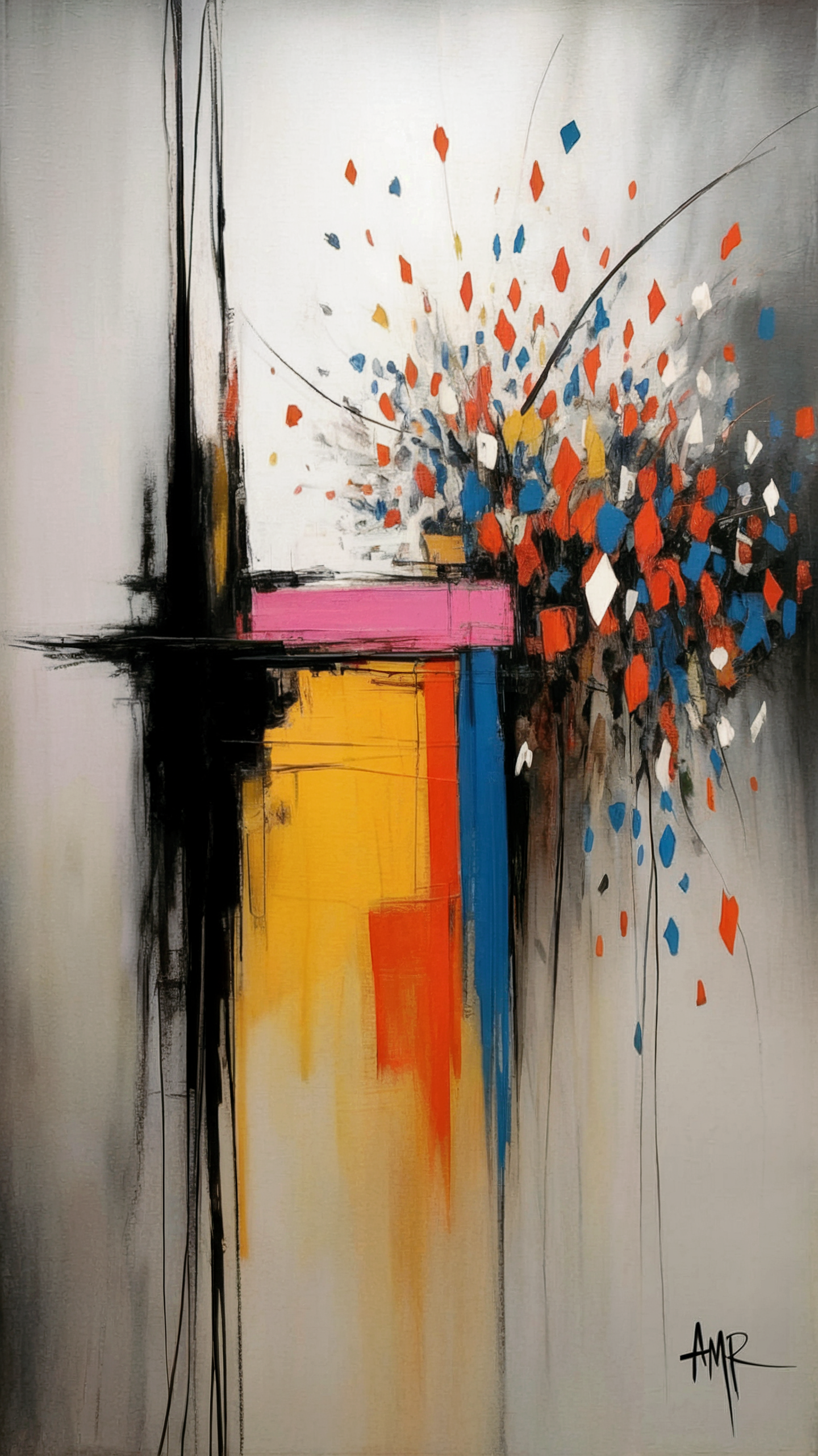 Abstract modern painting with vibrant splashes of red, blue, yellow, pink, and white colors on gray background.