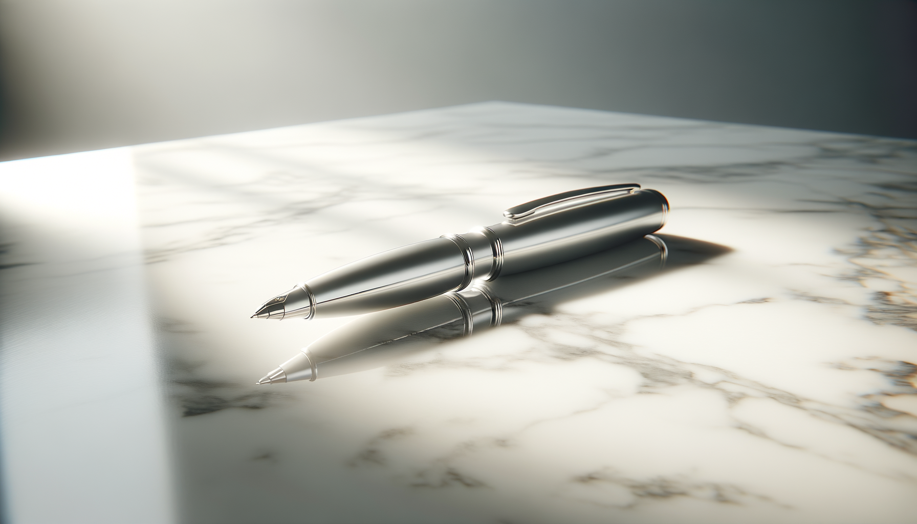 A silver fountain pen resting on a white marble surface.