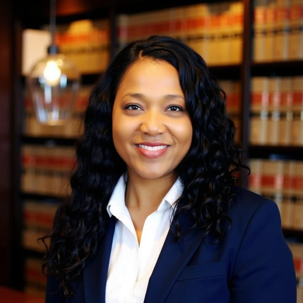 A professional woman with long, curly black hair and a warm smile, wearing a white shirt and dark blazer, standing in front of a bookshelf with legal books.