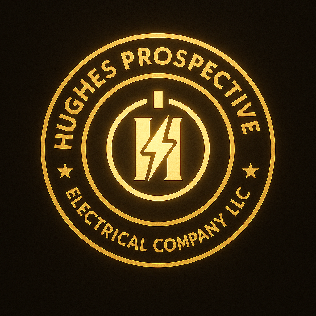 A glowing yellow logo for Hughes Prospective Electrical Company LLC with a lightning bolt symbol in the center.