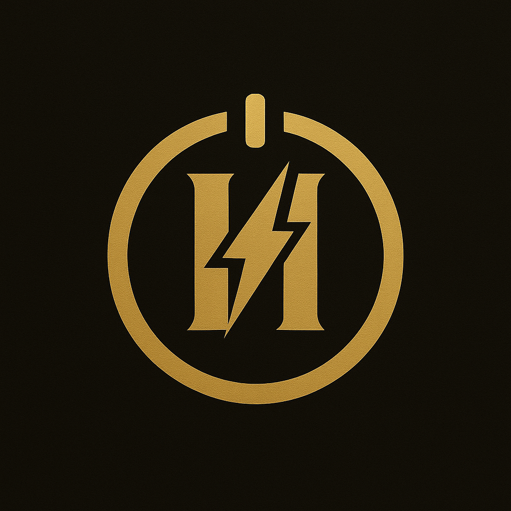 A black background with a gold power button symbol, featuring a lightning bolt and the number 11.