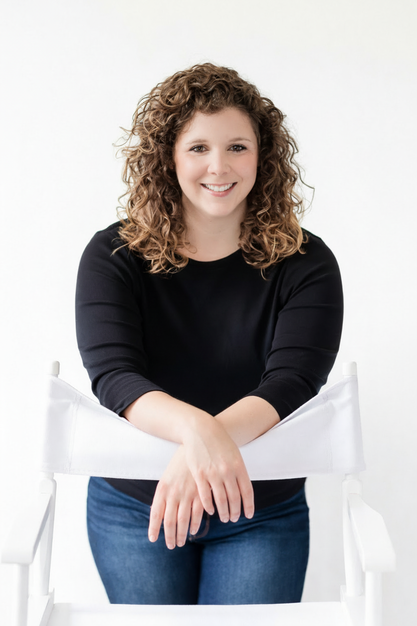 A woman with curly brown hair smiling and leaning on a white director's chair