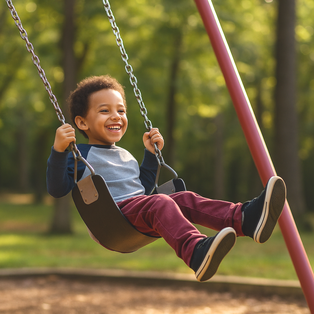A young child laughing and playing on a swing in a park with green trees in the background.