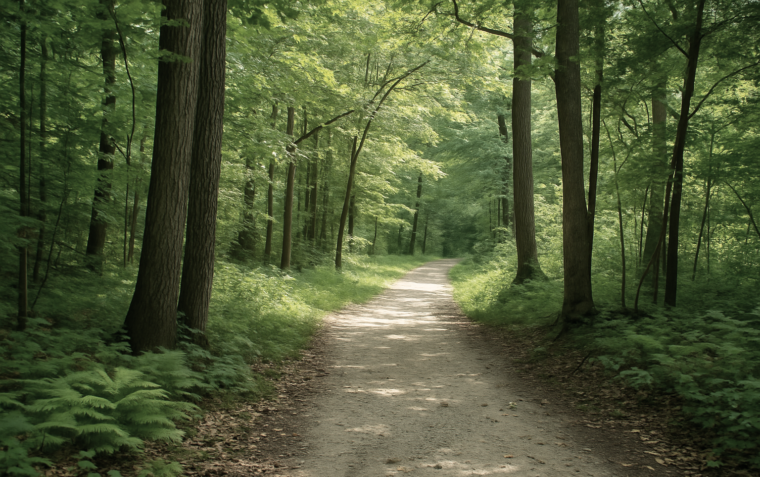 A dirt path winds through a lush green forest with tall trees and dense foliage.