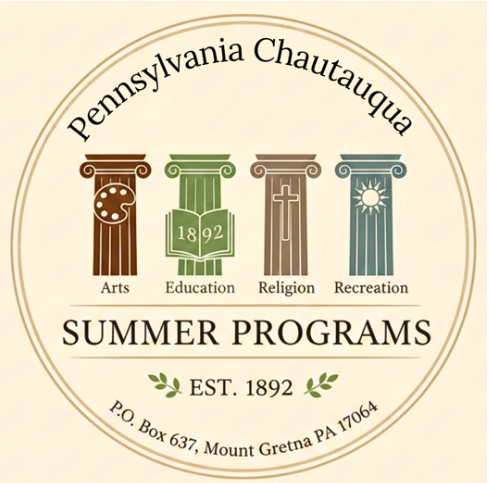 Logo for Pennsylvania Chautauqua Summer Programs featuring icons representing arts, education, religion, and recreation, with establishment year 1892 and address in Mount Gretna, Pennsylvania.