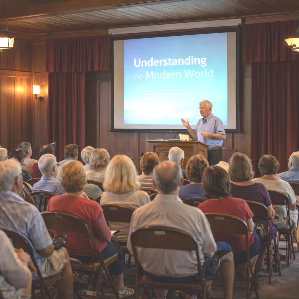 A speaker presenting a lecture titled 'Understanding the Modern World' to an audience of mostly older adults in a wood-paneled room with red curtains.