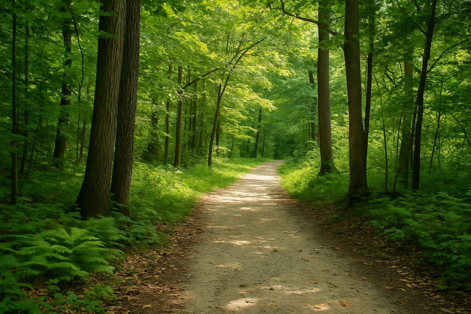 A dirt walking trail meanders through a lush green forest filled with tall trees and abundant foliage, illuminated by dappled sunlight.
