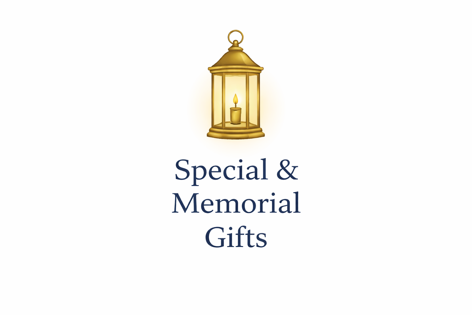 Gold lantern with a candle inside, above the text 'Special & Memorial Gifts' in navy blue font on a white background.