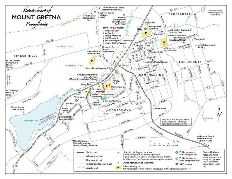 Map of Mount Gretna, Pennsylvania, showing historic sites, parks, and streets including Mount Gretna Lake, the Chautauqua, and various recreational areas, with labels for major roads, parking, and points of interest.