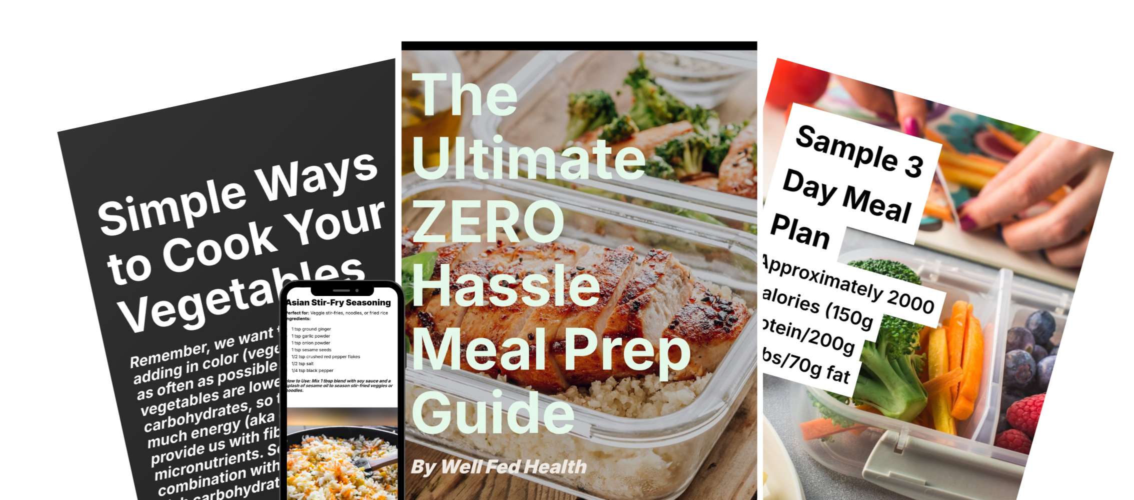 Collage of meal prep guides and meal plans with text overlays about easy vegetable cooking, zero-hassle meal prep, and sample meal plans, featuring images of prepared food and packed lunches.