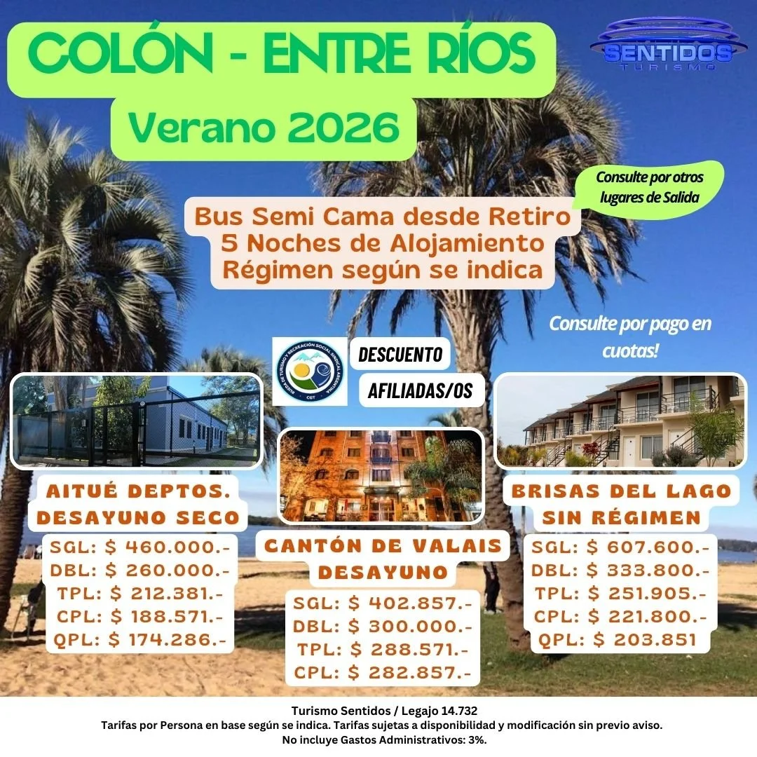 Información sobre vacaciones en Colón entre ríos para verano 2026, con opciones de alojamiento y tarifas, incluye datos de contacto y detalles de financiamiento.