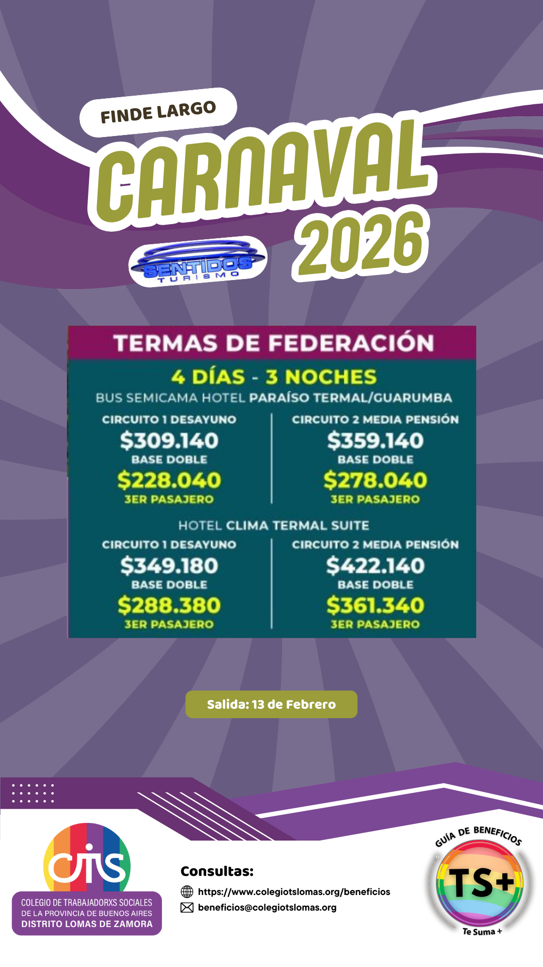 Información sobre un viaje de carnaval en 2026 en los Termas de Federación, incluyendo precios de alojamiento y fechas de salida, con logotipos de colegios y beneficios relacionados.