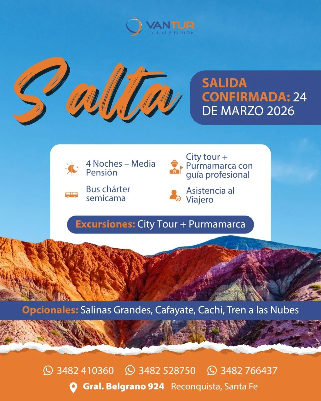 Anuncio de viaje a Salta, Argentina, con detalles del paquete, fechas, actividades adicionales y contactos