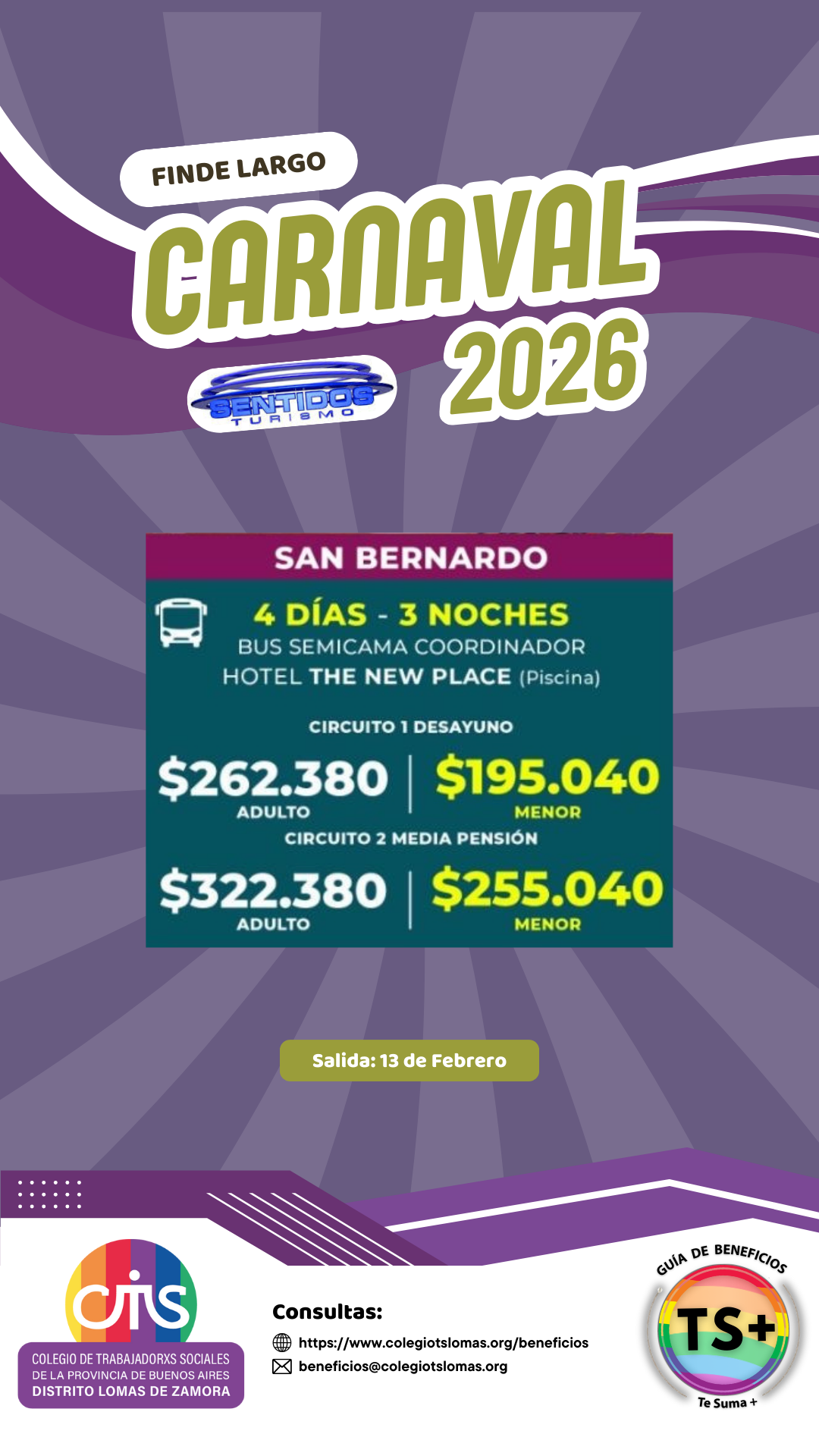 Cartel promocional del Carnaval 2026 en San Bernardo, con detalles del paquete turístico, alojamiento, precios y fechas de salida.