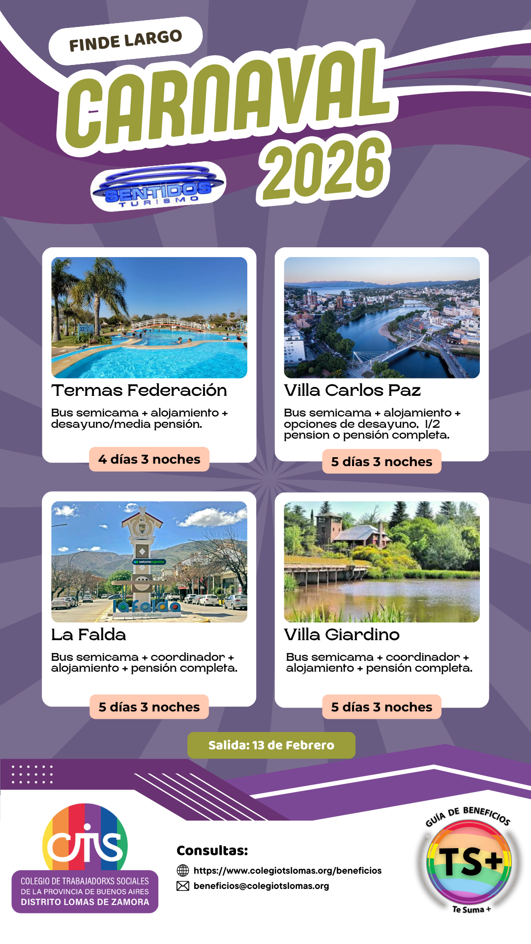 Cartel promocional de viajes para el Carnaval 2026 en Sentidos Turismo, con destinos en Termas Federación, Villa Carlos Paz, La Falda y Villa Giardino, incluyendo detalles de duración y servicios