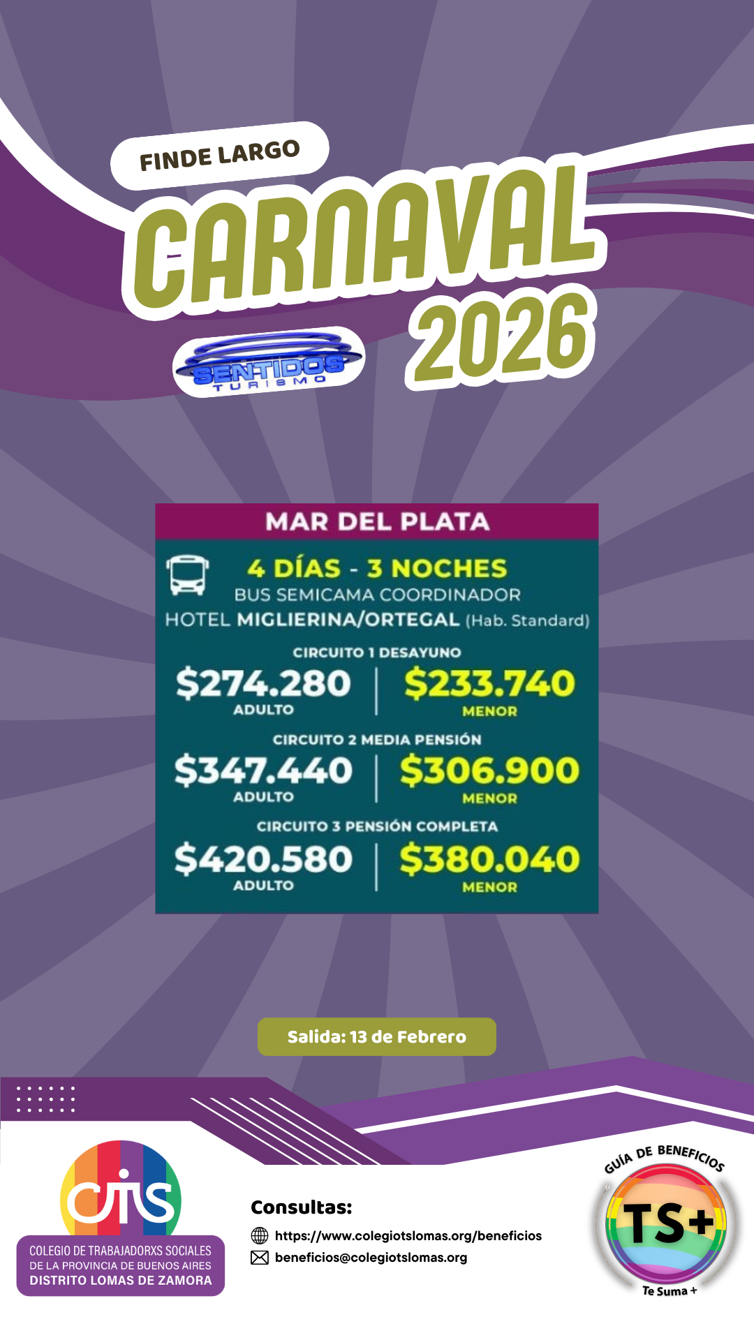 Publicidad del Carnaval 2026 en Mar del Plata, con información de paquetes turísticos, precios y fechas de salida, organizada por el Colegio de Trabajadorxs Sociales en Zona Norte de Buenos Aires.