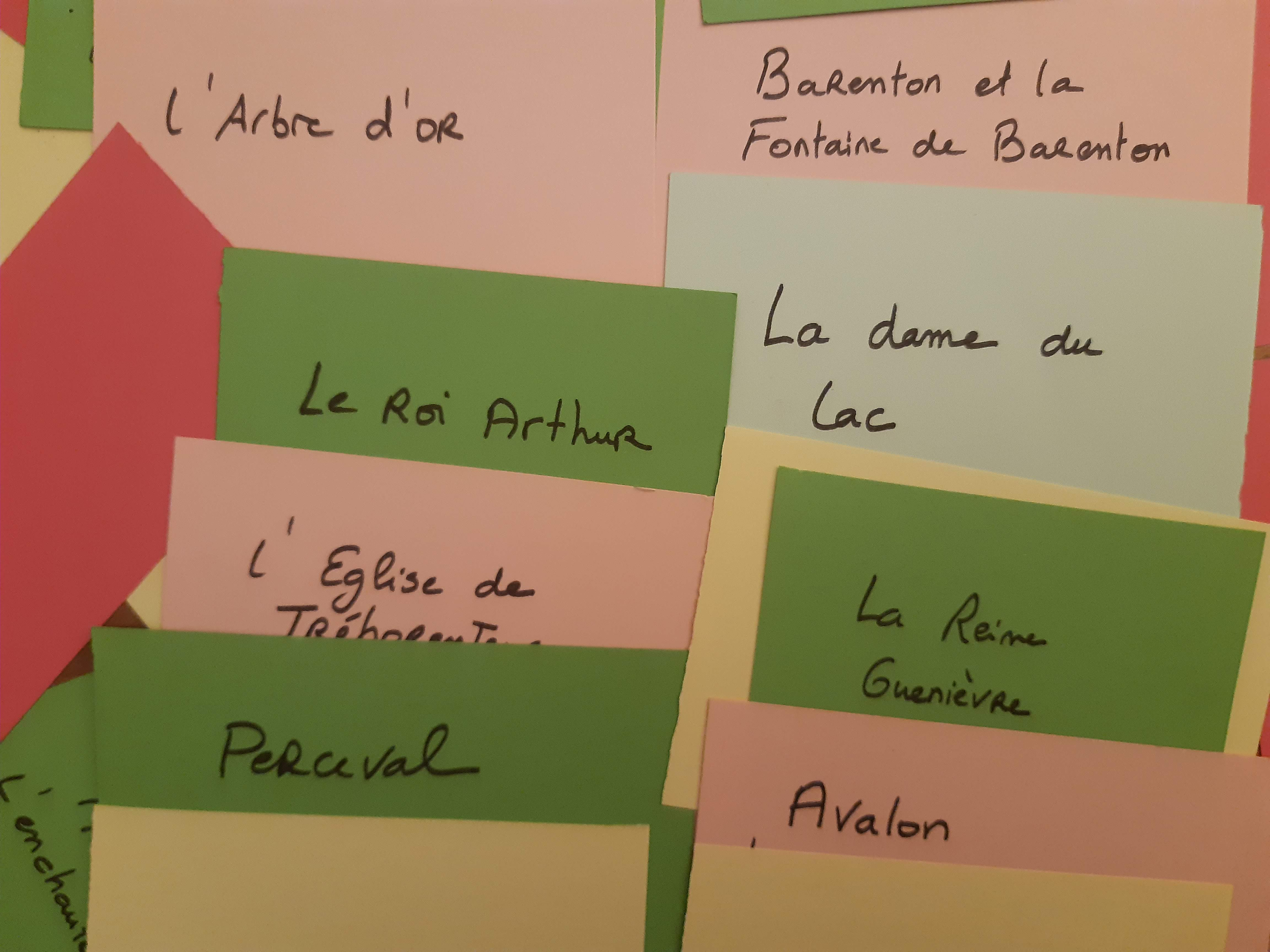Collection de notes colorées inspirés de noms  de légendes Arthurienne, comme "L'Arbre d'or", "Le Roi Arthur", "L'Église de Tréhorenteuc", "Porcelaine", "Avalon", "La dame du lac", "La Reine Guenièvre", "Barenton et la Fontaine de Barenton".