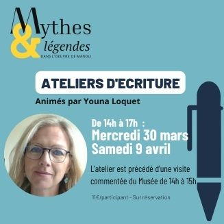 Affiche de l'événement ATELIERS D'ECRITURE animé par Youna Loquet, avec dates le mercredi 30 mars et le samedi 9 avril, incluant une visite commentée du musée.