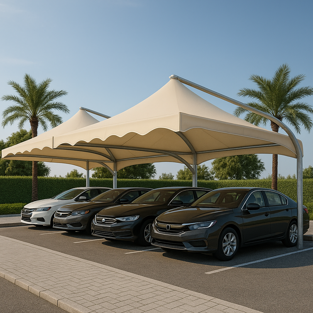 Four cars parked in a parking lot under a beige canopy, with palm trees and green bushes in the background.
