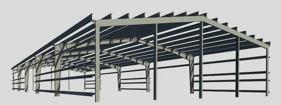 A metal carport or shelter with a sloped roof and open sides, constructed with steel beams.