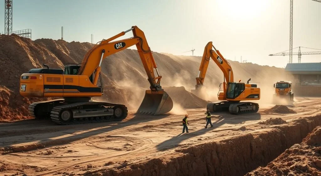 Construction site with two large orange CAT excavators moving dirt, two workers walking nearby, and a crane in the background.