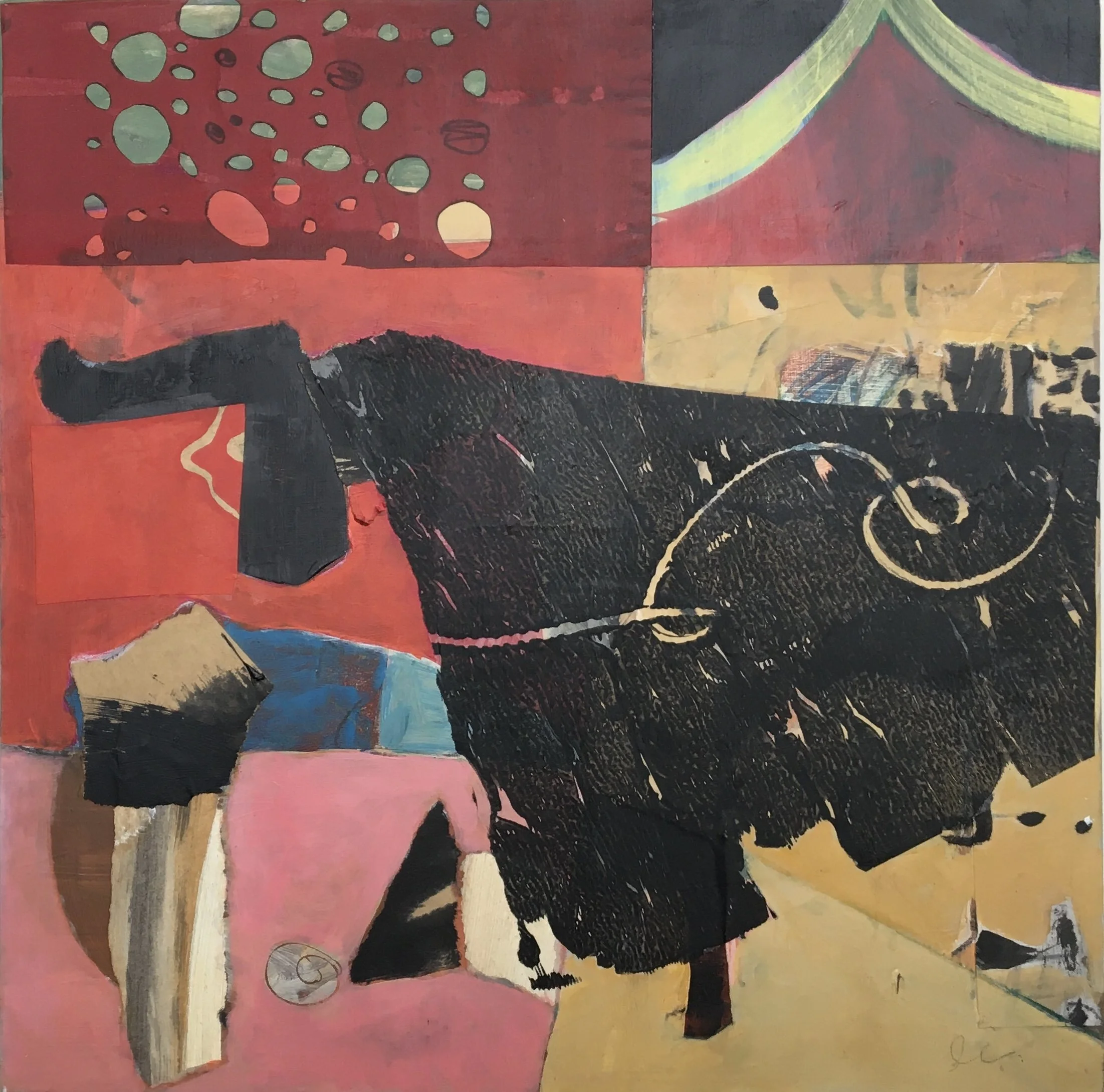 the bull of crete  16 x 16  mixed media on panel board