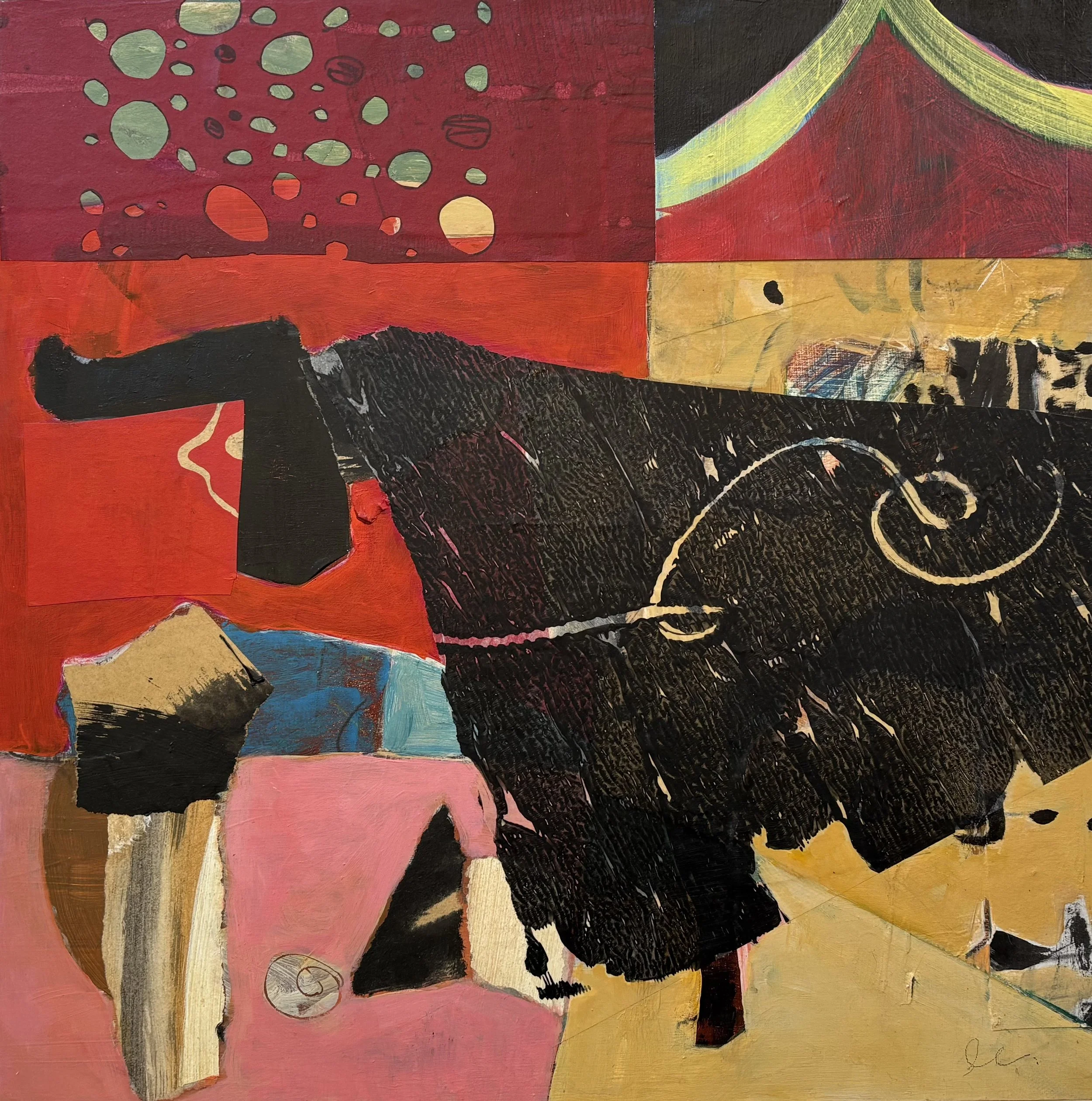 the bull of crete  16 x 16  mixed media on panel board