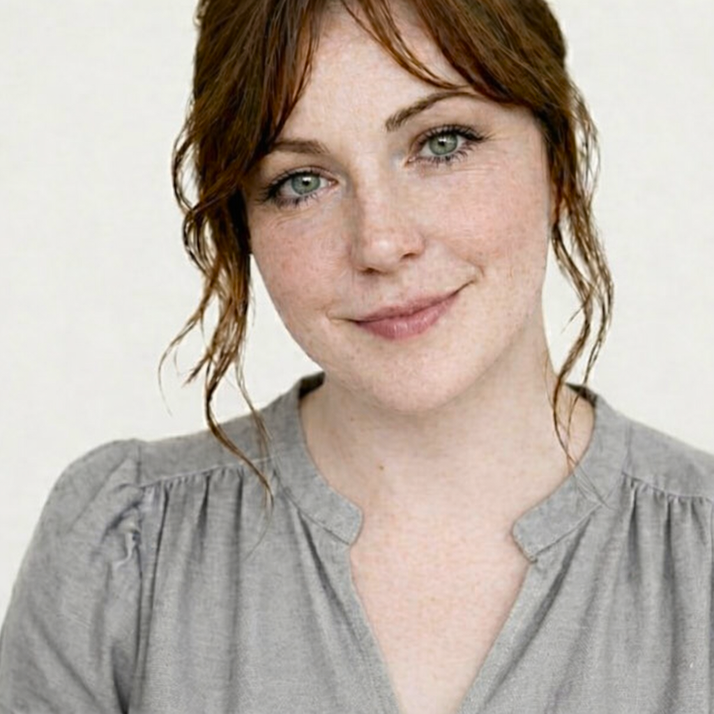 A woman with short, wavy red hair and green eyes smiling at the camera, wearing a light gray blouse against a plain white background.