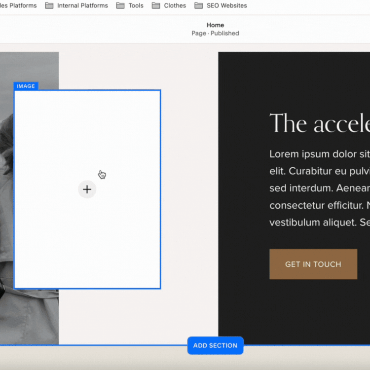 A website editor screen showing a section with a placeholder for an image and text about an accelerator program, with a 'Get in Touch' button. The interface includes options like 'Add Section' and a sidebar menu.