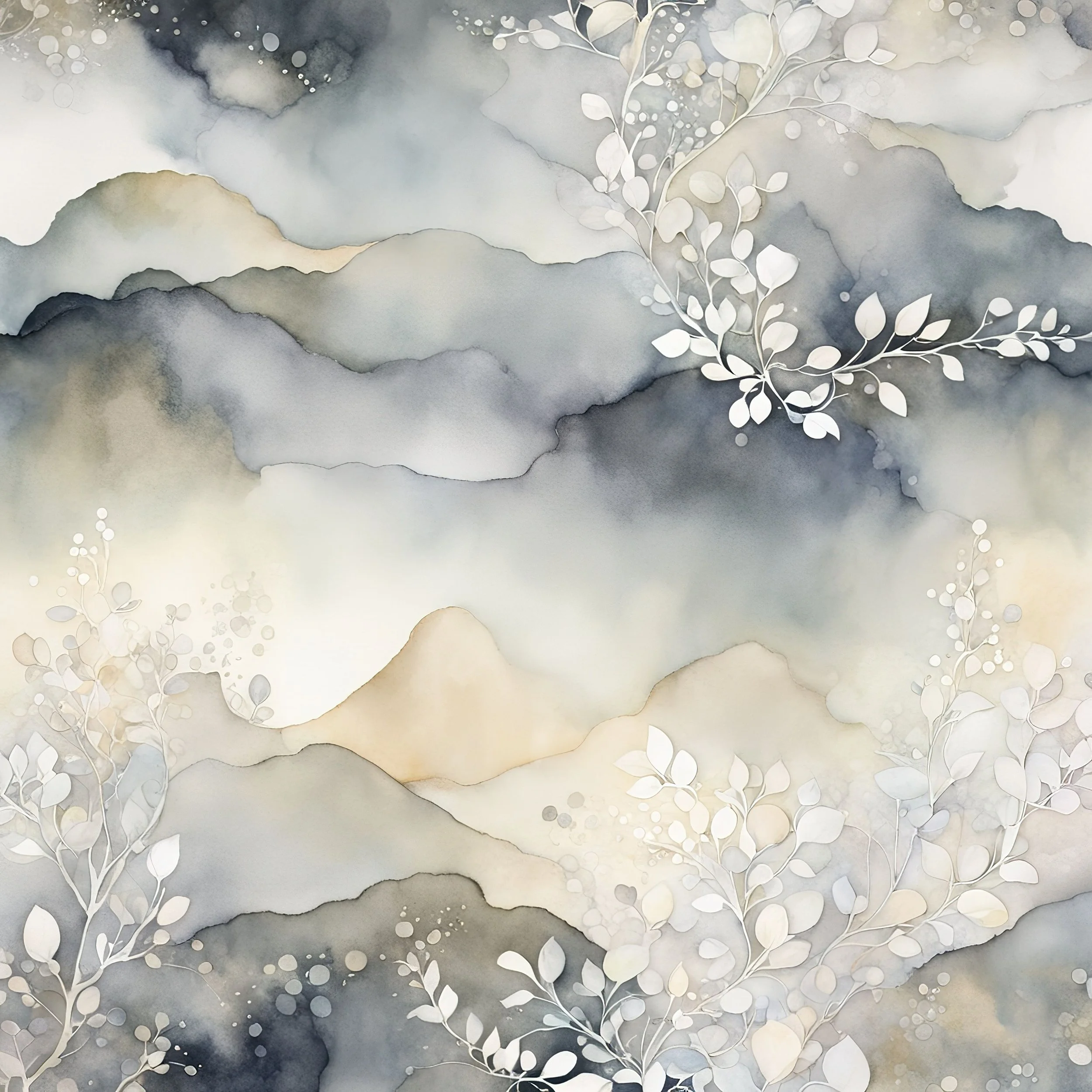 Watercolor landscape of mountains in shades of gray and beige with white leafy branches in foreground.