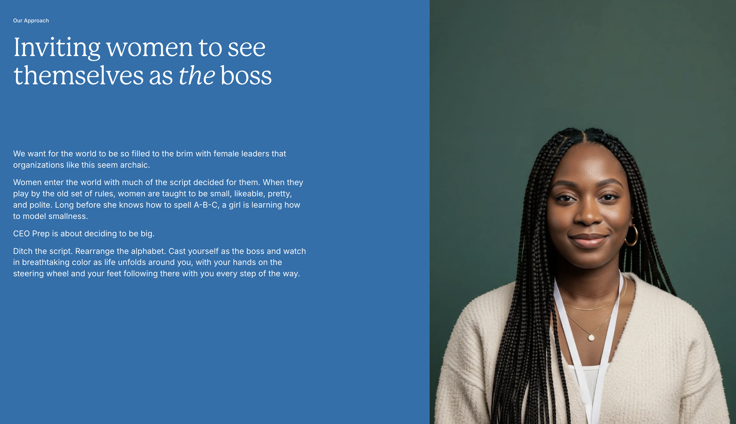 Its her time. To help women step into the world we're building, I acknowledged the reality of where a woman starts, "future-paced" the language, and directed her attention to where the bridge is.

Language that normalizes its aims strips back pushbac