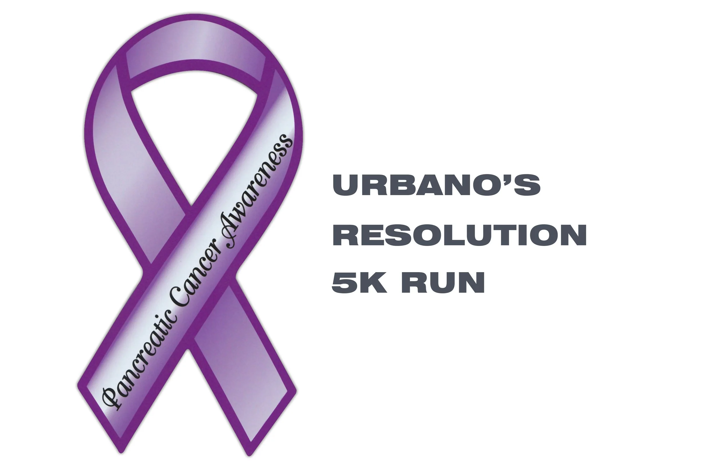 Purple awareness ribbon with 'Pancreatic Cancer Awareness' written on it next to text 'Urbano's Resolution 5K Run'.