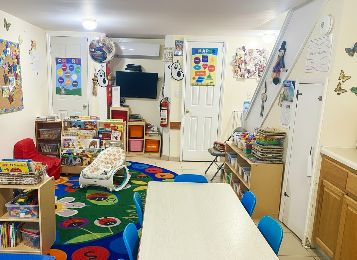 A colorful classroom decorated with educational posters, children's artwork, and various books and toys. There is a small table with blue chairs, a white chair with a polka dot cushion, and a vibrant rug with flowers and ladybugs. The room features storage shelves, a TV, and playful decorations including butterfly cutouts and character posters.
