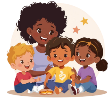 Four children sitting together, smiling, with stars in the background, suggesting a cheerful and happy scene.