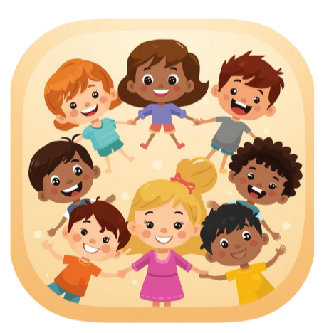 Cartoon illustration of nine diverse children holding hands in a circle, smiling and happy.