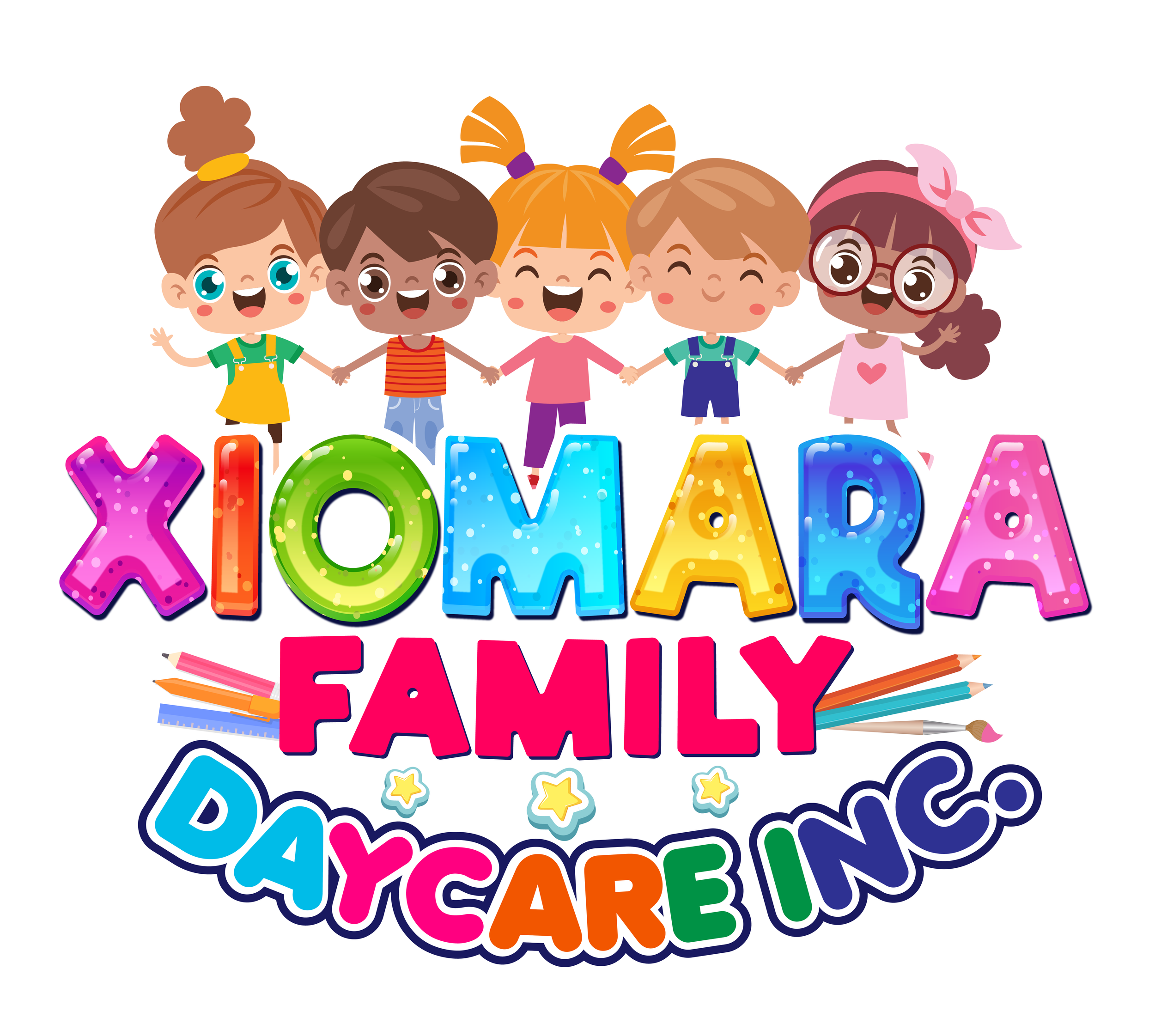 Colorful illustration of five happy children holding hands above the words 'XIO MARA FAMILY' and 'DAYCARE INC' with school supplies and stars surrounding the text.