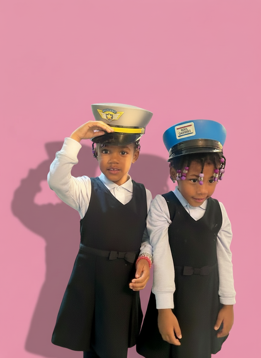 Two young girls with dreadlocks wearing school uniforms and hats, standing against a pink background.