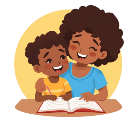 Two cartoon children, one with curly hair and another with slightly darker skin, smiling and happy, reading a book together at a table.