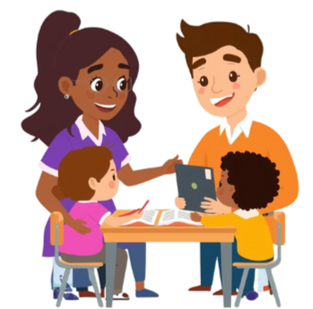 Two children and two adults sitting at a table, looking at a tablet and a book, engaging in a group activity or learning session.