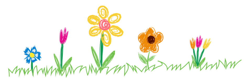 Colorful cartoon drawing of a cow, a dog, a bird, and flowers in a grassy field.