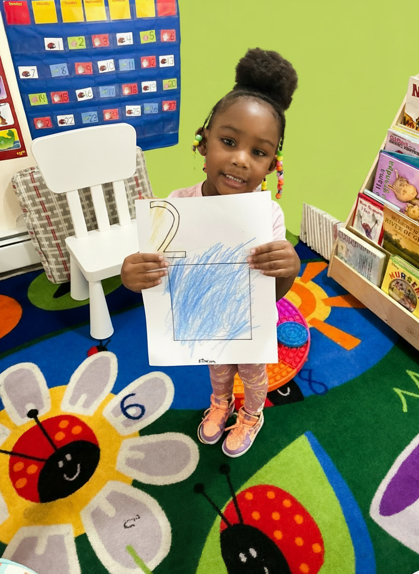 A young girl with a high ponytail held with colorful beads, standing in a classroom holding a picture she colored that has the number 2 on top. The classroom features a colorful carpet with ladybug and flower designs, and a bookshelf with children's books.
