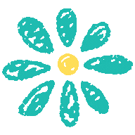 A yellow smiley face surrounded by blue petal shapes on a turquoise background