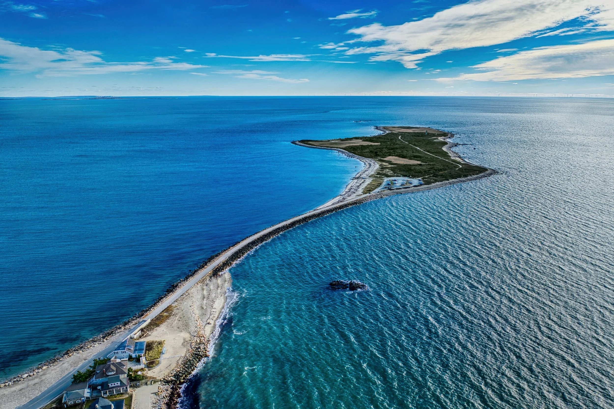 Gooseberry Island, in Westport Massachusetts photographed from above by drone along the coast