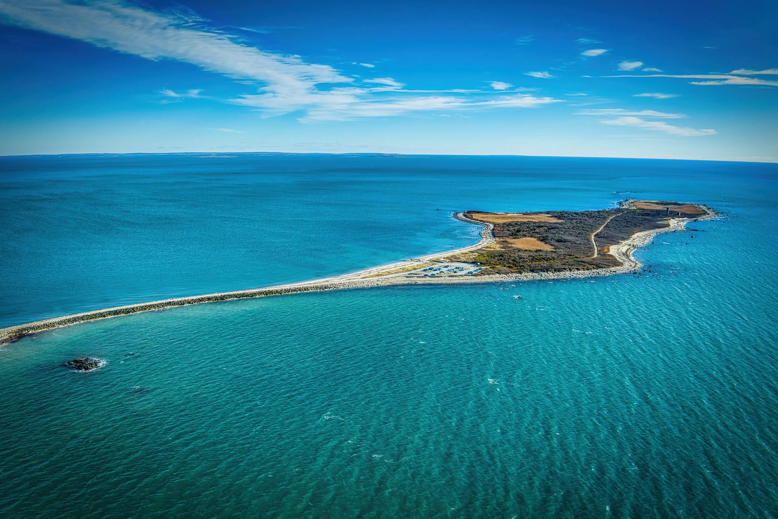 Gooseberry Island, in Westport Massachusetts photographed from above by drone along the coast of Buzzards Bay.