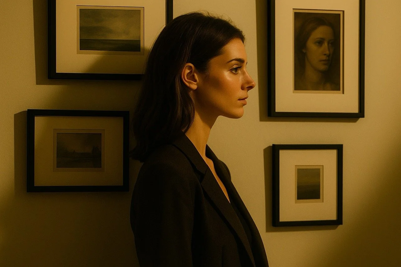 A woman with dark hair and a serious expression standing sideways in front of a wall decorated with framed photographs or artwork.