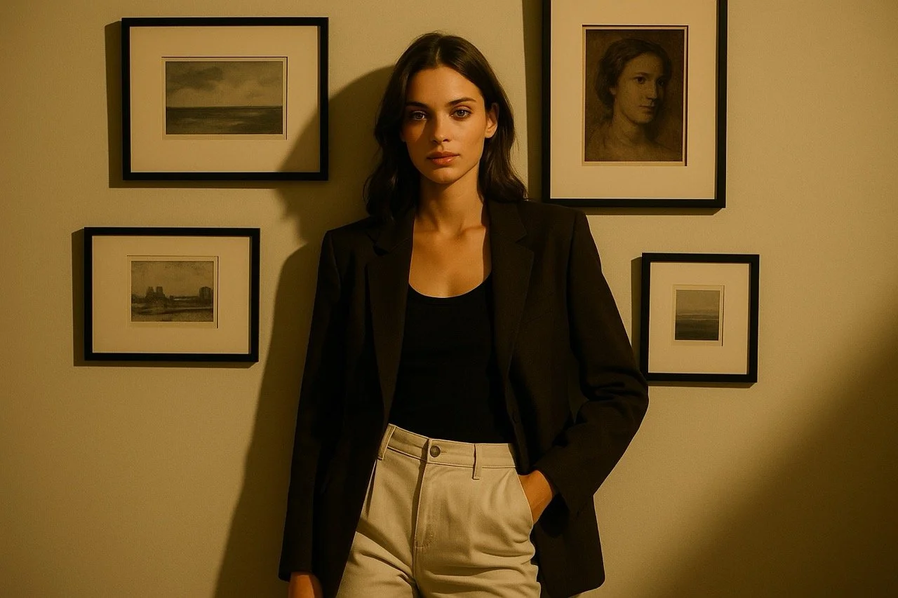 A young woman with dark hair wearing a black blazer and beige pants, standing in front of a beige wall decorated with framed artwork and photographs.