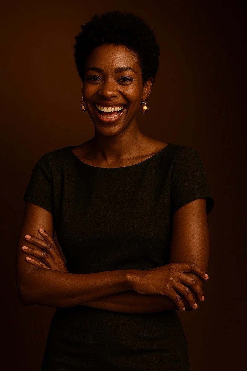 A woman with short curly hair, wearing a black dress and pearl earrings, smiling with arms crossed against a dark brown background.