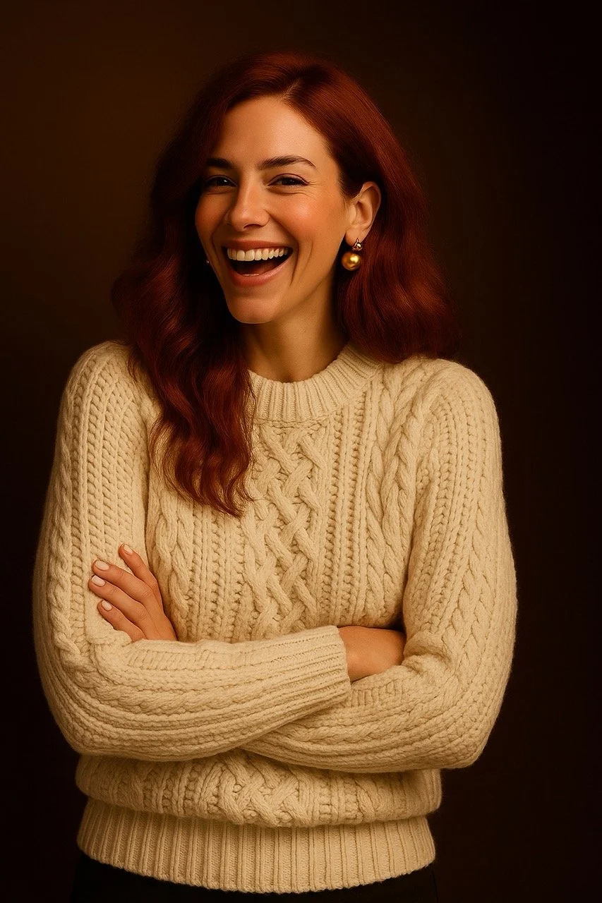 A woman with red hair smiling and laughing, wearing a cream-colored knitted sweater and gold earrings, with her arms crossed against a dark background.